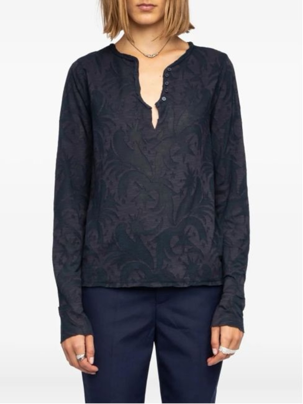🆕 ZADIG & VOLTAIRE “Tuni” Long Sleeve Henley Top in Dark Purple/Navy - L - Picture 2 of 16